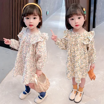 2021 Jeseň Nové Deti Kórejský Šaty Pre Dievčatá, Deti, Oblečenie Roztomilý Kvet Tlač Čipky Princezná Šaty Dieťa Dievčatá