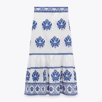 2021 Vintage Ženy Modrá Kvetinový Vytlačené Sukne Módne High-pás Elegantné Midi sukne Žena jupe longue femme