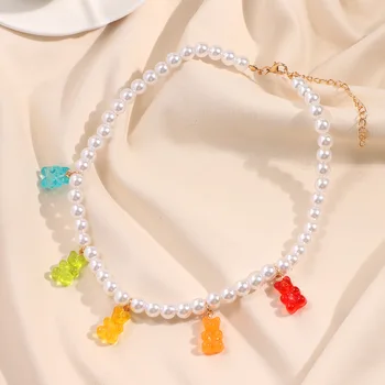 2021 kórejský Nové Candy Farby Jelly Gummy Bear Náhrdelník Prívesok Pre Ženy Rainbow Ryža Korálkové Pearl Choker Náhrdelníky Y2K Šperky 1