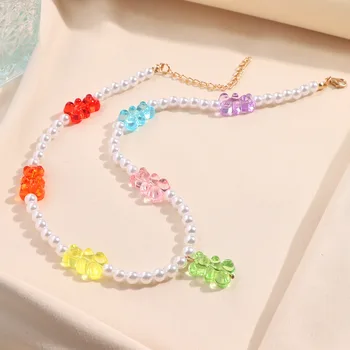 2021 kórejský Nové Candy Farby Jelly Gummy Bear Náhrdelník Prívesok Pre Ženy Rainbow Ryža Korálkové Pearl Choker Náhrdelníky Y2K Šperky 5
