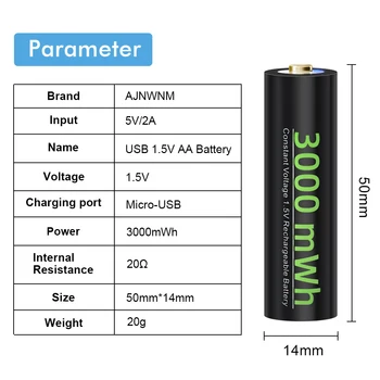 AJNWNM 1,5 V AA Nabíjateľné Lítiové Batérie, 3000mWh USB Batérie AA pre Baterku 3