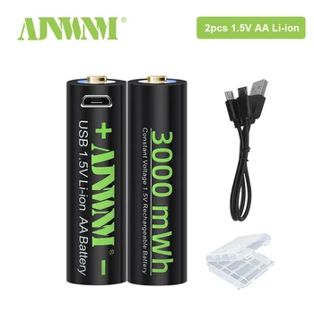AJNWNM 1,5 V AA Nabíjateľné Lítiové Batérie, 3000mWh USB Batérie AA pre Baterku 5