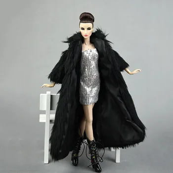 Bábika Príslušenstvo Sada Zimných Super Dlhá Srsť Čierny Kabát & Strieborné Šaty Módne Oblečenie Pre Bábiku Barbie Vetrovka Šaty Pre 1/6 Bábiky