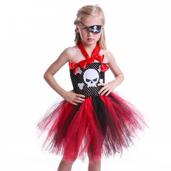 Cool Dievčatá Halloween Pirát Kapitán Cosplay Kostým Pre Deti Dievča Maškaráda Party Zdobiť Lebky Tutu Šaty Zaviazanými Očami