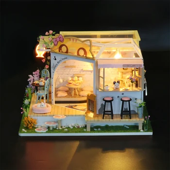 DIY Tvorivé Miniatúrny domček pre bábiky Mačka kaviareň LED Svetlo, 3D Puzzle, Hračky pre Deti, Dospelých 0