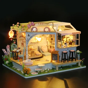 DIY Tvorivé Miniatúrny domček pre bábiky Mačka kaviareň LED Svetlo, 3D Puzzle, Hračky pre Deti, Dospelých 1