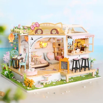 DIY Tvorivé Miniatúrny domček pre bábiky Mačka kaviareň LED Svetlo, 3D Puzzle, Hračky pre Deti, Dospelých 2