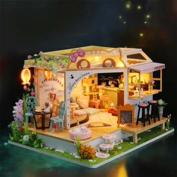 DIY Tvorivé Miniatúrny domček pre bábiky Mačka kaviareň LED Svetlo, 3D Puzzle, Hračky pre Deti, Dospelých 3