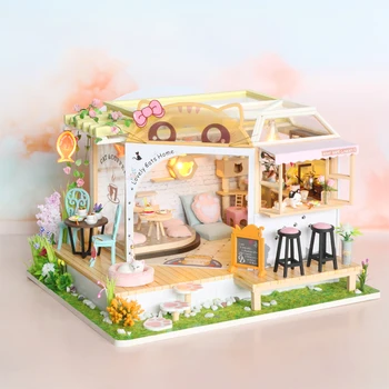 DIY Tvorivé Miniatúrny domček pre bábiky Mačka kaviareň LED Svetlo, 3D Puzzle, Hračky pre Deti, Dospelých 4