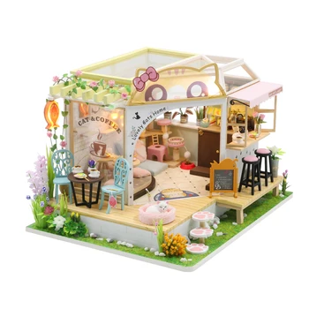 DIY Tvorivé Miniatúrny domček pre bábiky Mačka kaviareň LED Svetlo, 3D Puzzle, Hračky pre Deti, Dospelých 5