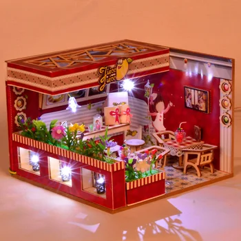 Diy Doll House Drevené Ručne Zmontované Domu Model S Lampou Domácnosť, Dekorácie Simulácia Čaj Reštaurácia Darček K Narodeninám