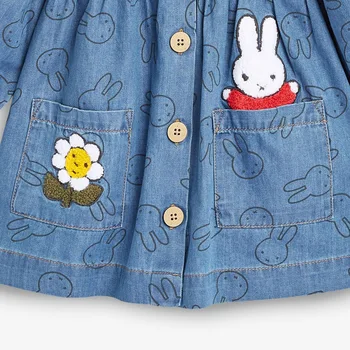 Frocks pre Dievča 2021 Jeseň Baby Girl Vestiods Oblečenie Batoľa Kvet Bunny Nášivka Denim Farba Vrecku Šaty pre Deti 2-7 Rokov