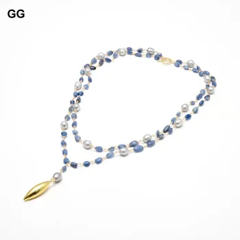 GuaiGuai Šperky Modrá Kyanites Prírodná Šedá Ryža Sladkovodné Perly Vyhlásenie Reťazca Náhrdelník Slza Zlatým Pozlátený Prívesok 1