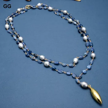 GuaiGuai Šperky Modrá Kyanites Prírodná Šedá Ryža Sladkovodné Perly Vyhlásenie Reťazca Náhrdelník Slza Zlatým Pozlátený Prívesok 2