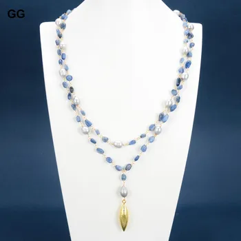 GuaiGuai Šperky Modrá Kyanites Prírodná Šedá Ryža Sladkovodné Perly Vyhlásenie Reťazca Náhrdelník Slza Zlatým Pozlátený Prívesok 3