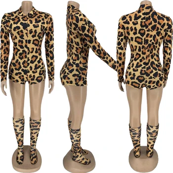 HAOYUAN Sexy Leopard Bodycon Playsuit Dlhý Rukáv Módne Oblečenie pre Ženy, Remienky Jeden Kus Night Club Oblečenie s Ponožky