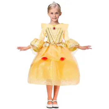 Halloween Kostým Dievča Princezná Belle 5-Vrstva Šaty Luxusné Svadobné Šaty Kráska a Zviera Cosplay Oblečenie 110-150 Na Sklade