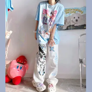 Harajuku Dievča Anime Nohavice Ženy Letné Módy 2021 Y2k Širokú Nohu, Nohavice Streetwear Harajuku Tlač Voľné Ležérne Oblečenie Cyberpunk