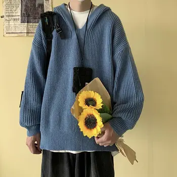 Harajuku s kapucňou sveter mužov pevné sveter 2021 jeseň zima nový kórejský módne preppy štýl príležitostné voľné pár sveter trend