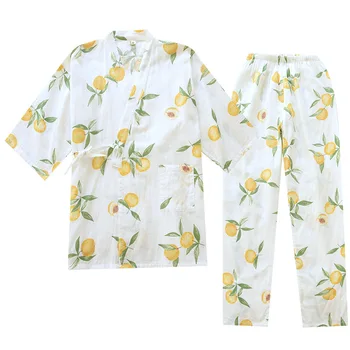 Jeseň Ženy Bavlnené Pyžamá Sedem-rukáv Gázy Kimono Sleepwear tvaru Žltá Broskyňa Tlač Pijamas Dve Dielna Sada Domov Spať Nosenie