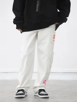 Jeseň Ženy Muži Multi Vrecku Listov Tlač Rovné Džínsy Nadrozmerná Neforemné Džínsové Nohavice Biela Čierna Harajuku Streetwear Nohavice
