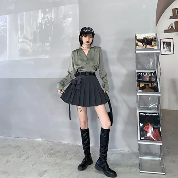 Kórejský Lete Vitality Dievča Diablo Štýl Wome Sukne Vintage Skladaný Vrecku Vysoký Pás, Bežné Streetwear A-Line Mini Sukne