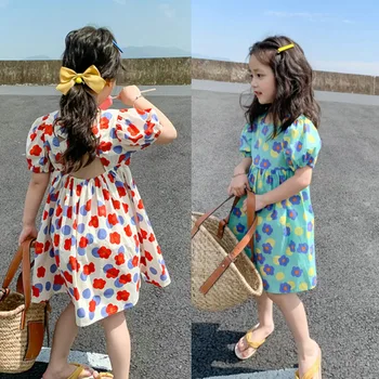 Letné Dievčenské Šaty Malé Svieže Kvetinové Šaty Nové plavky s uväzovaním za Temperament-Krátke Rukávy Princezná Dresss, Baby, Deti, detské Oblečenie