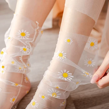 Móda Ultra-tenké Kvet Ponožky Ženy Transparentné Daisy Tylu Ponožky Dlho Šifón Ponožky Žena Lete Streetwear Calcetines