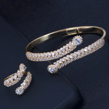 NEVESTA HOVORIŤ Luxusné Šperky Plný Crystal Micro Spevnené Bageta, Lesklé Kubický Zirkón Nastaviteľné Náramok Prsteň Súpravy Dubaj Medené Šperky