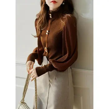 Nové Jeseň Kórejský Vintage Pol Turtleneck Cardigan Ženy Dlhý Rukáv Singel Svojim Sveter Japonský Sladké Slim Fit Topy