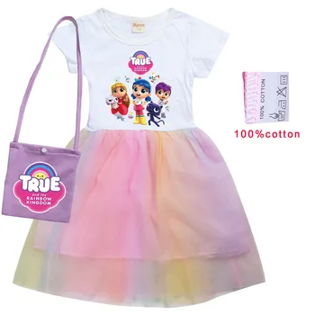Nové Modely Pravda a Anime Dúhového Kráľovstva T Shirt Skladaný Šaty+taška Deti Letné Ležérne Oblečenie Baby Dievčatá Princezná Šaty