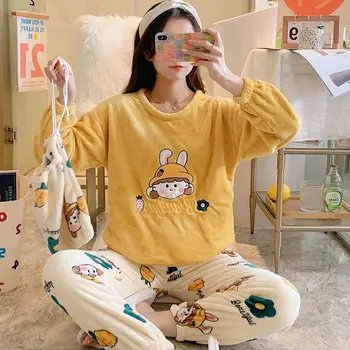 Nové Zimné Flanelové teplé pyžamo kórejský kawaii cartoon Pajama Nastaviť Módne pijama mujer Voľný čas Doma Handričkou pyžamá ženy Sleepwear