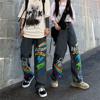 Priateľ Džínsy Ženy Muži Voľné Cartoon Graffiti Tlač Priamo Širokú nohu Nohavice kórejský Streetwear Módy Prehodil Denim Trouse