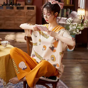 Pyžamo Ženy Lete Kórejský Voľné Pijamas 2021 Nový Roztomilý Kreslený-Krátke Rukávy Nohavice Sleeepwear Nightie Dve Dielna Sada 1