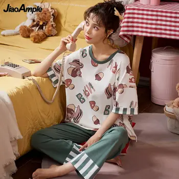 Pyžamo Ženy Lete Kórejský Voľné Pijamas 2021 Nový Roztomilý Kreslený-Krátke Rukávy Nohavice Sleeepwear Nightie Dve Dielna Sada 2