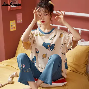 Pyžamo Ženy Lete Kórejský Voľné Pijamas 2021 Nový Roztomilý Kreslený-Krátke Rukávy Nohavice Sleeepwear Nightie Dve Dielna Sada 3
