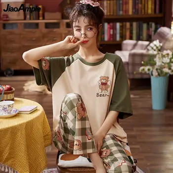 Pyžamo Ženy Lete Kórejský Voľné Pijamas 2021 Nový Roztomilý Kreslený-Krátke Rukávy Nohavice Sleeepwear Nightie Dve Dielna Sada 4
