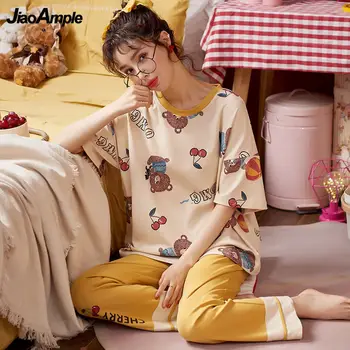 Pyžamo Ženy Lete Kórejský Voľné Pijamas 2021 Nový Roztomilý Kreslený-Krátke Rukávy Nohavice Sleeepwear Nightie Dve Dielna Sada 5