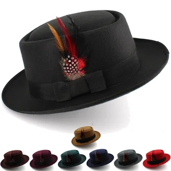 Pánske top hat ženské celebrity Britská jazz klobúk jeseň fáze zimné výkon tweed pierko, plochý top čierny plstený klobúk