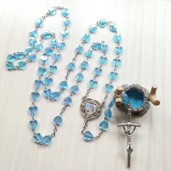 QIGO Modré Srdce Akryl Ruženec Náhrdelník Dlho Vintage Kríž Náhrdelník Náboženské Šperky, Darčeky