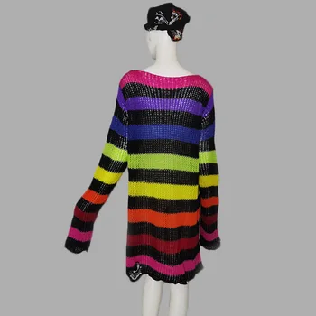 Rosetic Jeseň Zima Rainbow Pruhovaný Sveter Ženy Punk Gotický Roztrhlo Streetwear Pulóver Voľné Knitwear Bežné Svetre 2021