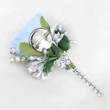 Vysoko Kvalitné Svadobné Nevesty Corsage Pin Boutonniere Baby Blue Silver Diamond Svadobné Doplnky Strany XH119FZ