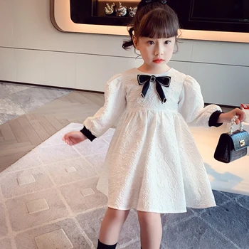 Vysoká kvalita Dievčatá jeseň luk šaty 2021 newKorean verzia farbou dlhý rukáv Biele Dieťa Princezná Šaty
