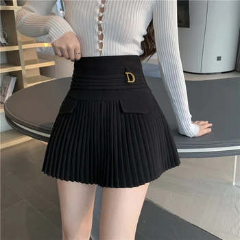 Čierna Skladaná Sukňa Ženy Vysoký Pás Mini Sukne Kovové Písmeno D Dizajn-Line Clubwear Kórejský Sexy Streetwear Zobraziť Bežné