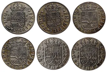 Španielsko Resl 1727-1738 6PCS Strieborné Pozlátené Kópie Mincí