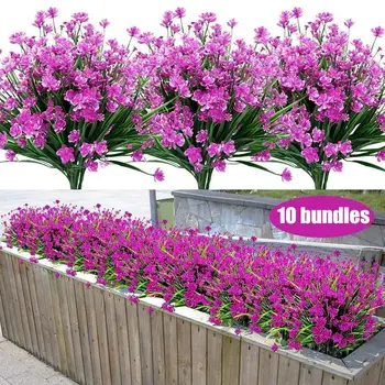 10 Zväzkov Umelé Kvety Vonkajšie Vnútorné pre Dekorácie, UV žiareniu, Odolné Č Fade Faux Plastové Rastliny, Záhrada, Veranda Okno Dekor 0