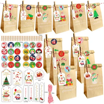 24Sets Vianočné Papierové Tašky Santa Claus Snowflake DIY Darčekové Balenie Vrece Xmas Party Prospech Candy Tašky s Adventný Kalendár Nálepky