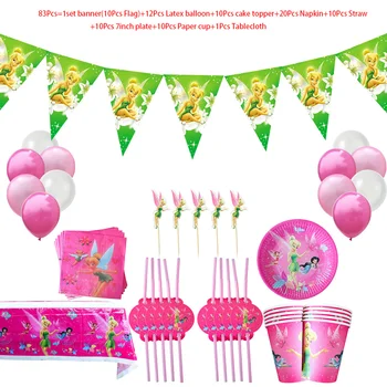 83Pcs Tinker Bell Dievčatá, Narodeniny, Party Dekorácie Jednorazové Papierové Taniere Poháre Obrúsky Balón Riad Set Baby Sprcha