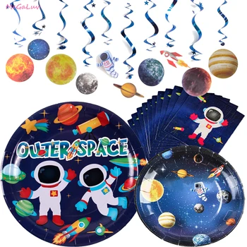Astronaut Priestor Tému Jednorázový Riad Narodeniny Deco Fólie Balónikov Banner Candy Cake Box Planéty Strana Navrhne Latex Globos 0