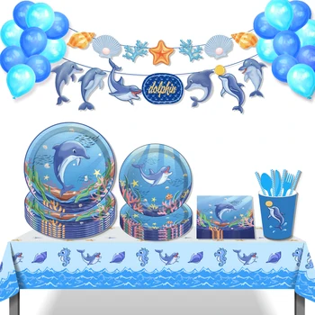 Cartoon Dolphin Dekorácie Delphinus Delphis Dosky Jednorázový Riad Sady Baby Happy Birthday Party Láskavosti Sprcha